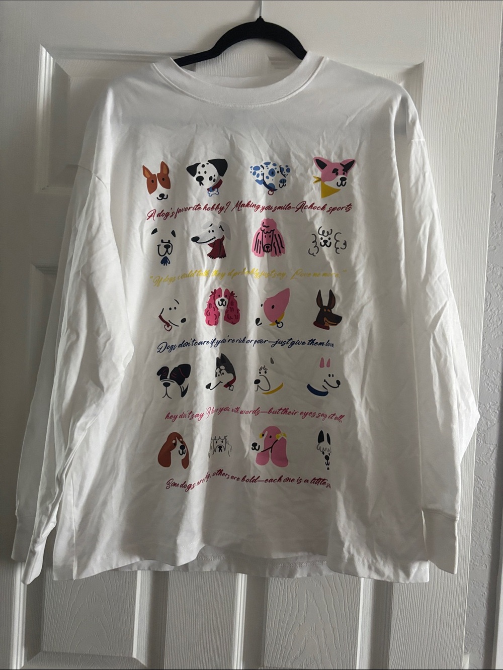 White Long Sleeve Tee with Colorful Dog Faces
